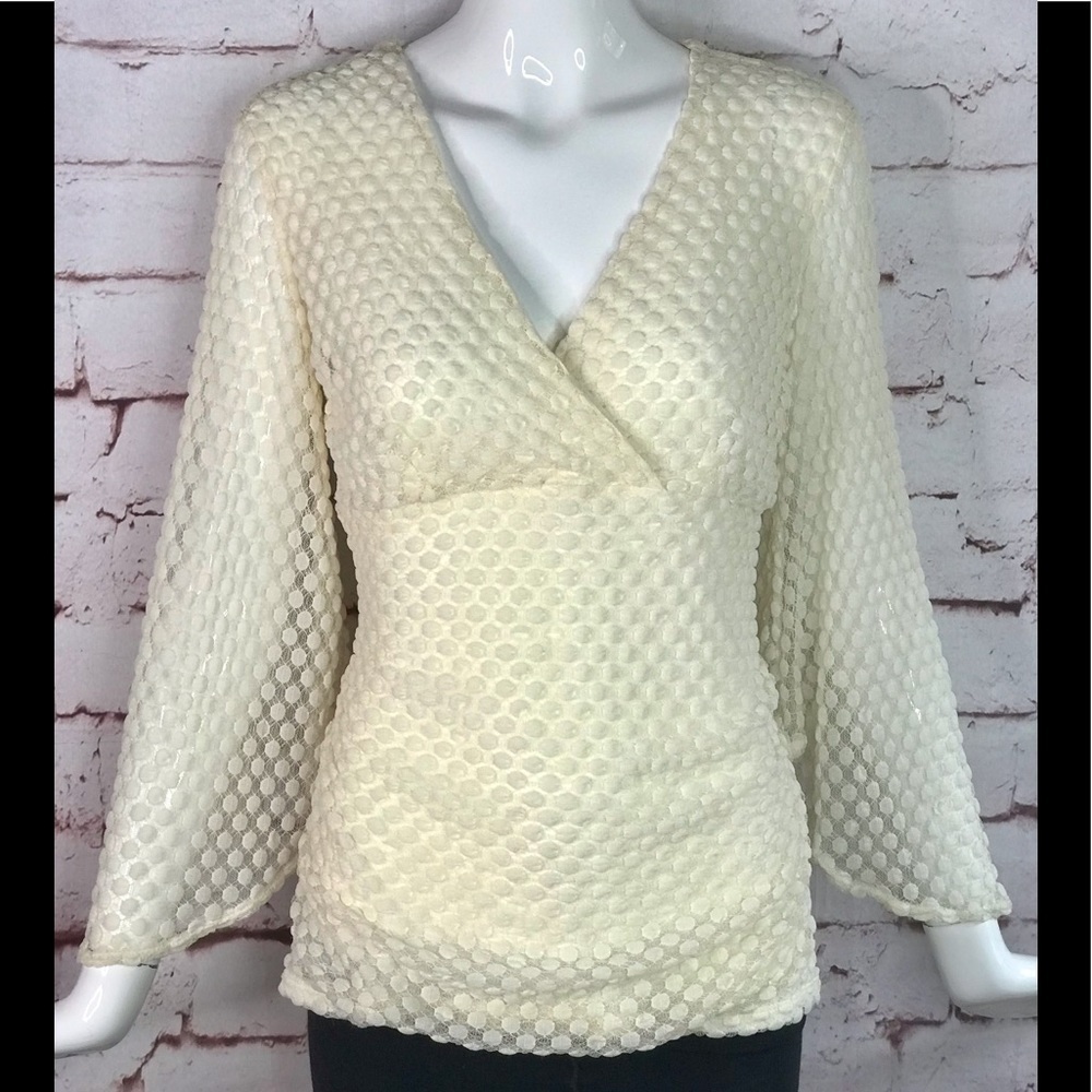 STYLE & CO. PETITE Medium faux wrap cream popcorn top Bell Sleeves NEW WITH TAGS